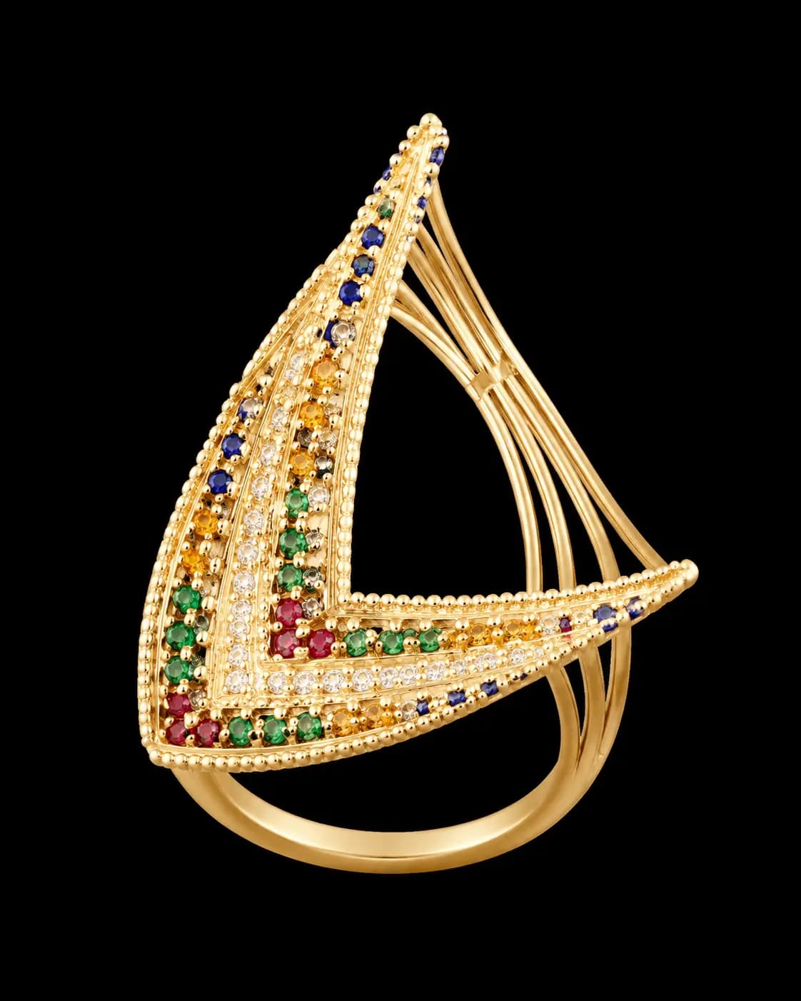 Gold Ring with Multicolor Gemstone Crown