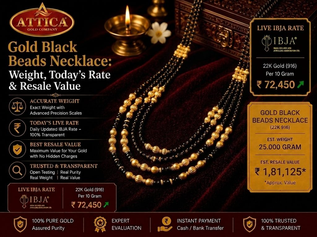 Gold Black Beads Necklace with live IBJA gold rate, estimated weight, and resale value by Attica Gold Company.