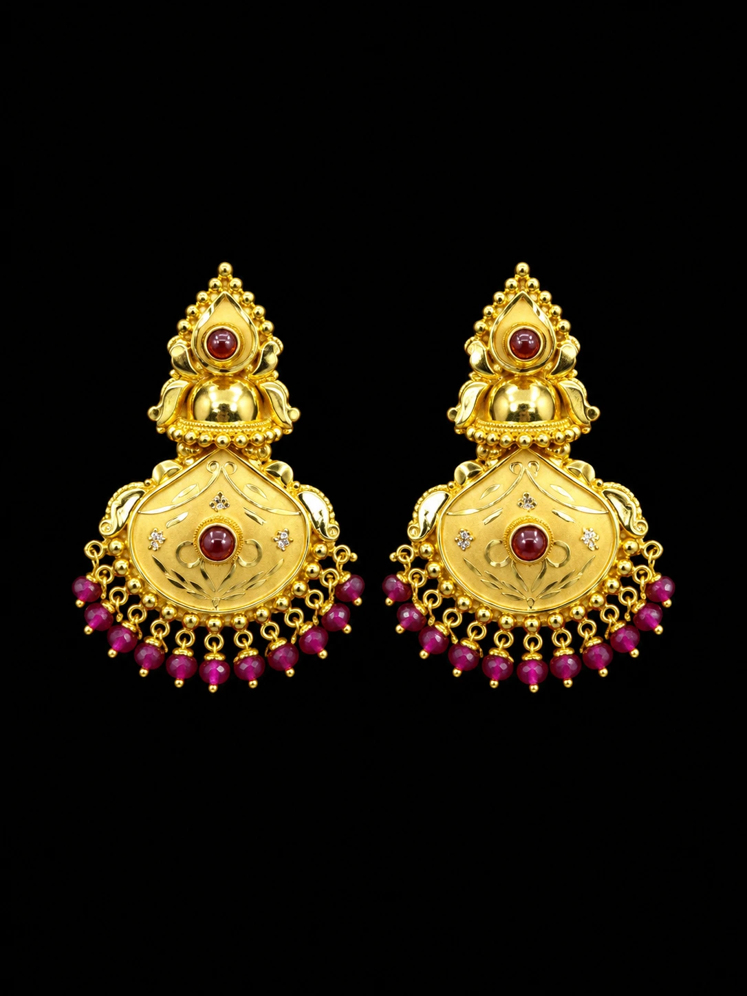 Gold and Ruby Ornate Earrings