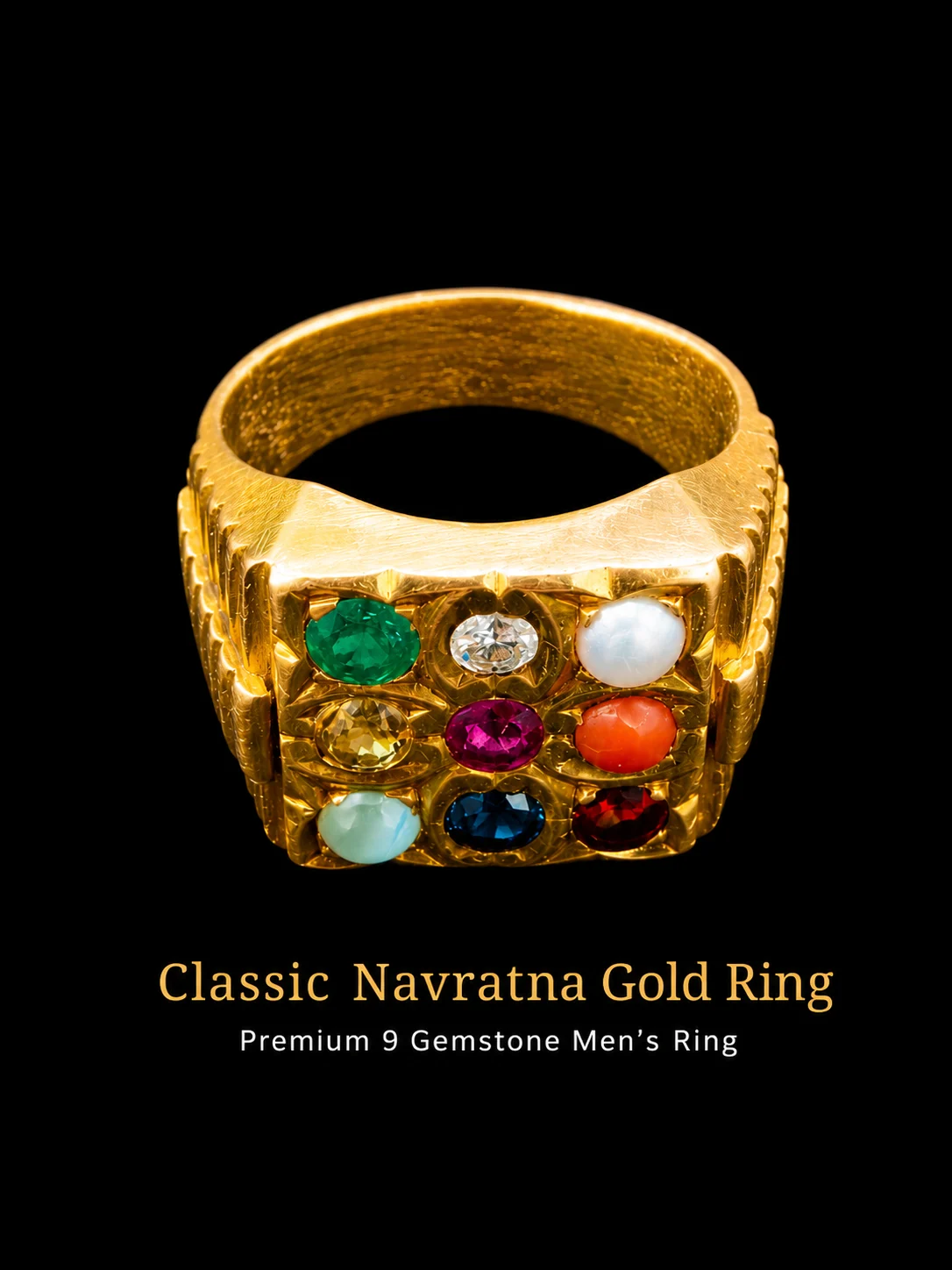 22K Classic Navratna Signet Gold Ring
