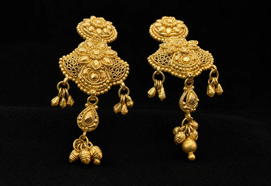 22K Gold Drop Earrings Floral 02