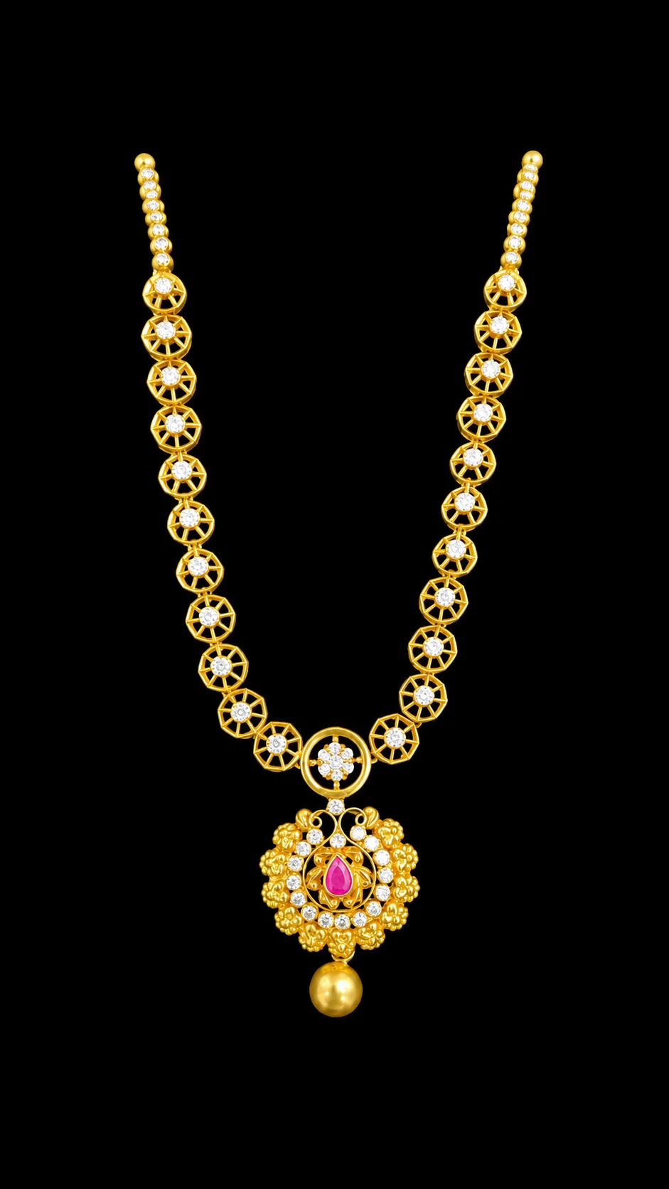 22K Traditional Cz Floral Gold Pendant Necklace