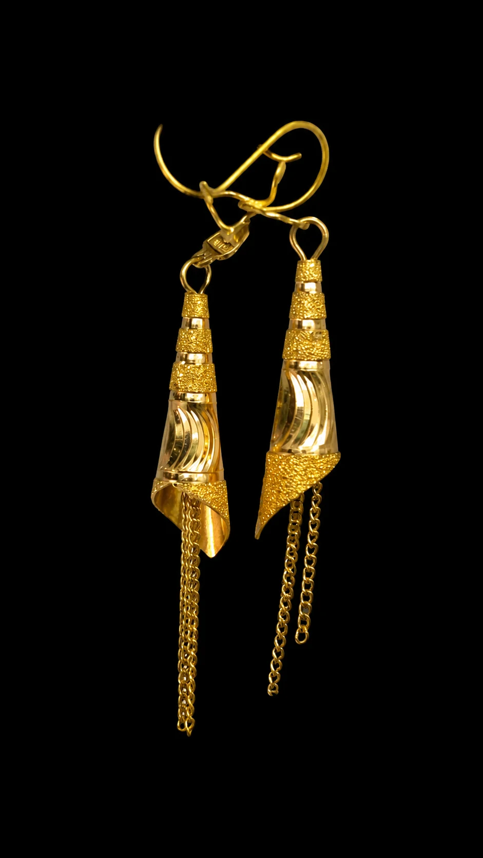 22K Twisted Cone Gold Chain Drop Earrings