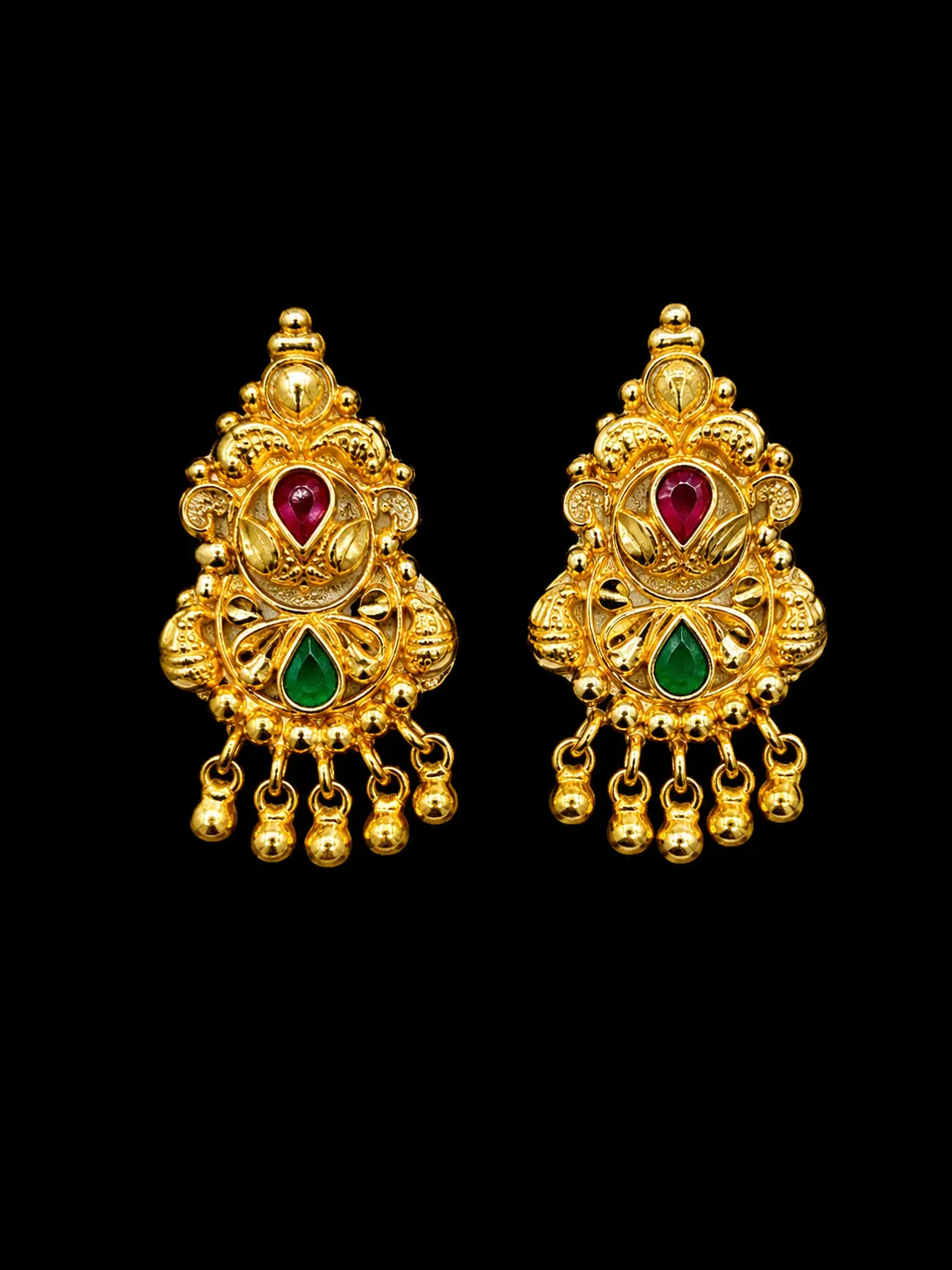 Ornate Gold Earrings with Ruby and Emerald
