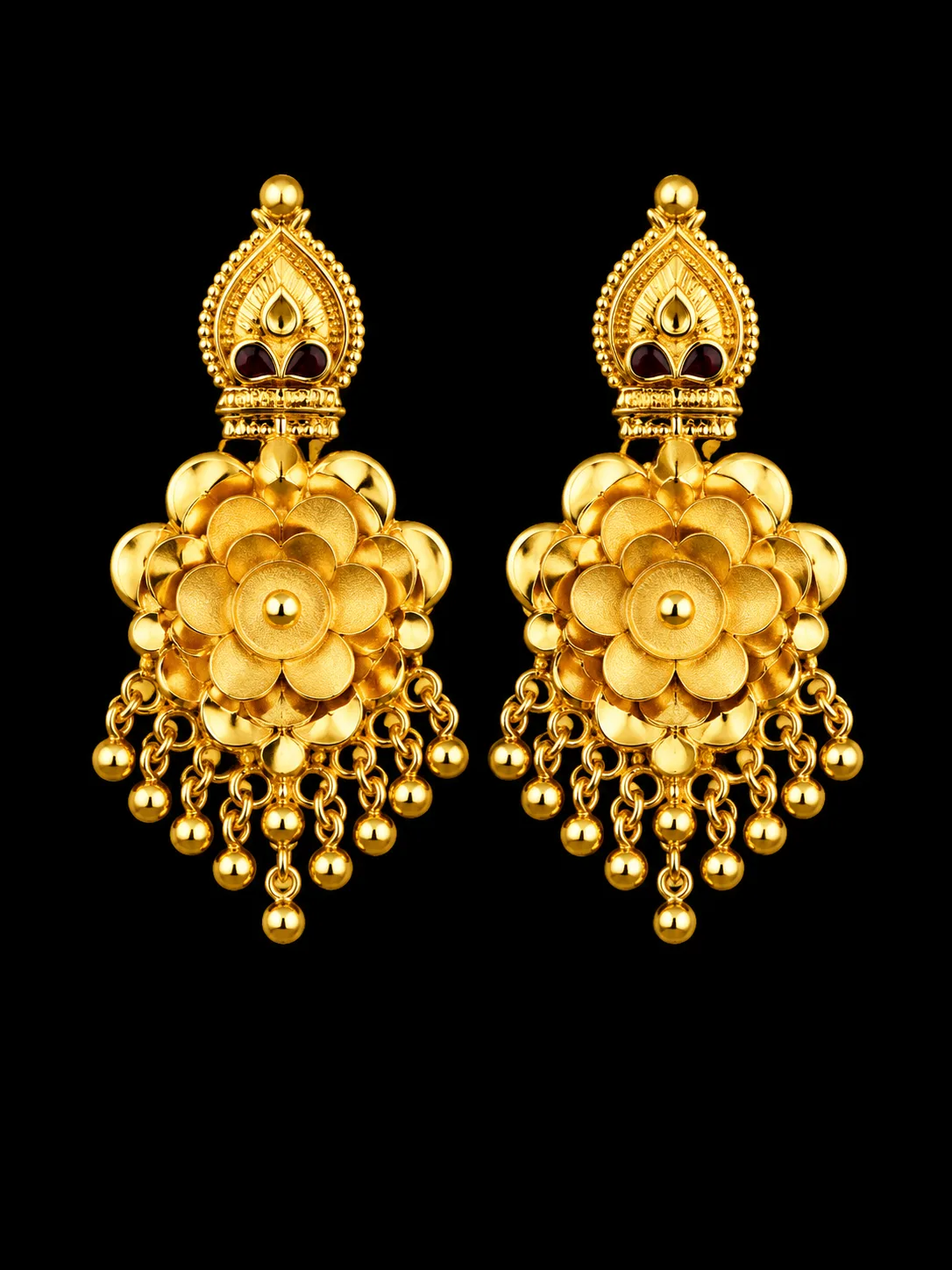 Golden Floral Jhumka Earrings Against