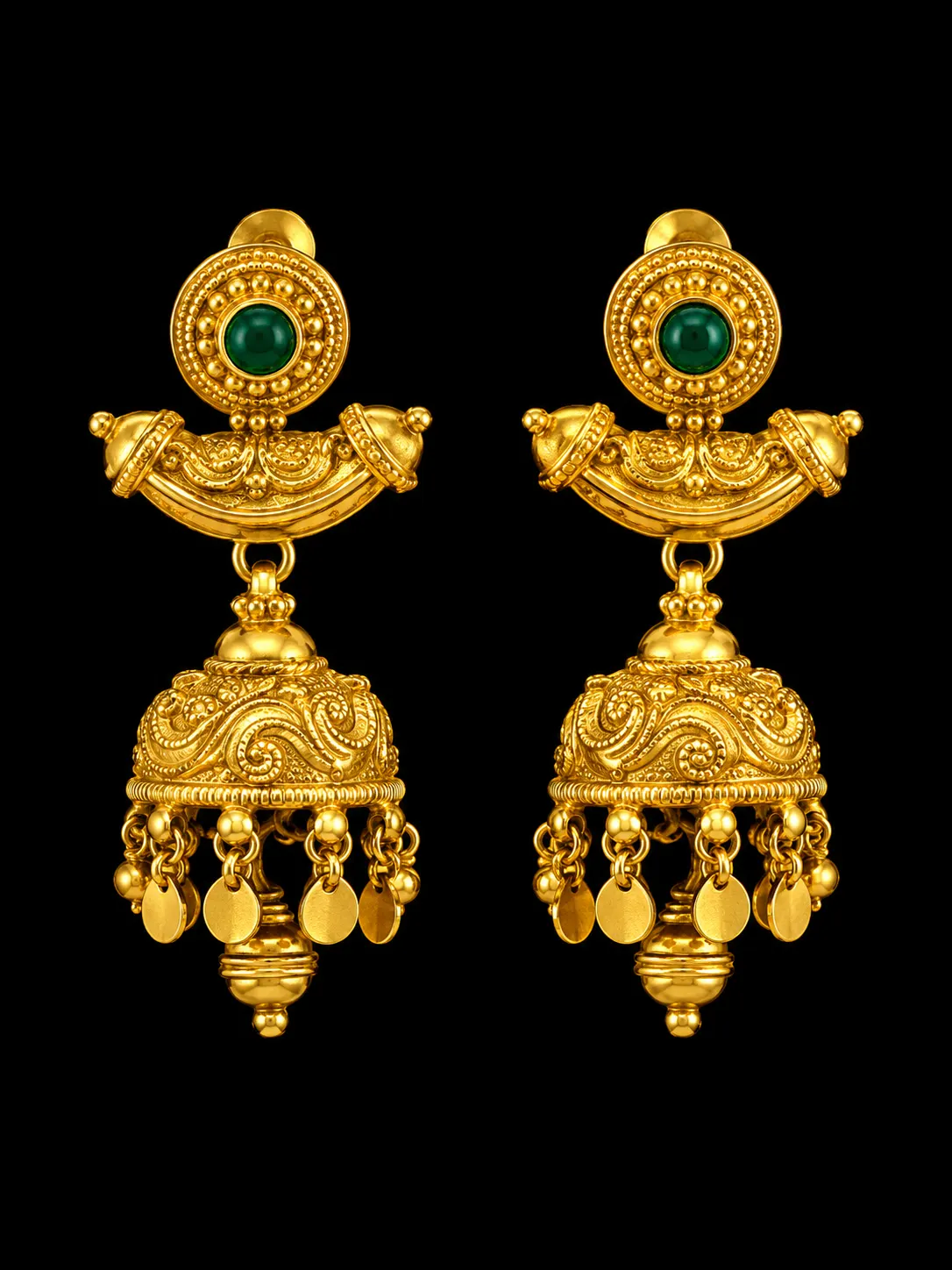 Ornate Gold Jhumka Earrings with Emerald Centers